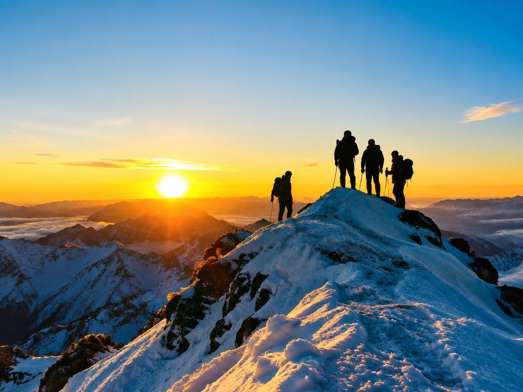 Climbers on a summit at sunrise